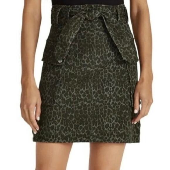 Marissa Webb Skirt Size 10 Denim Cargo Mini Belted Green Leopard Print - Picture 11 of 13